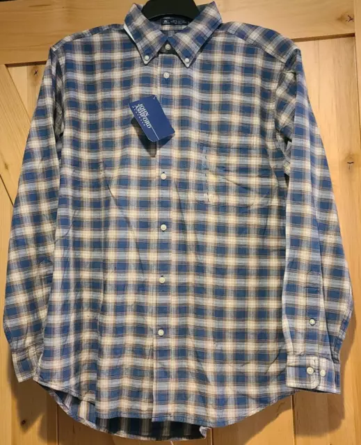 New! John Ashford Men L Flannel Shirt Blue Plaid Button Down Collar 100% Cotton