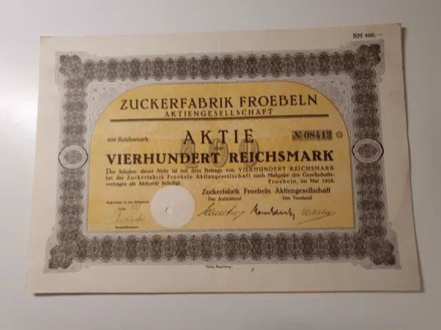 Zuckerfabrik Froebeln Aktiengesellschaft 1928 400 RM