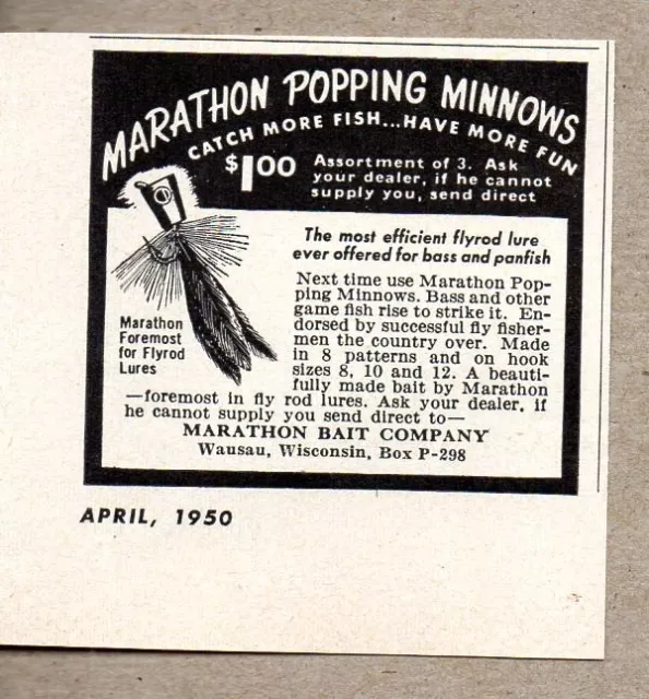 1950 Print Ad Marathon Popping Minnows Fly Fishing Lures Wausau,WI