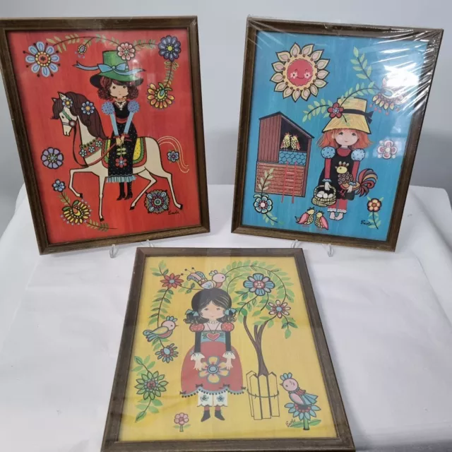 Lot 3 Framed Girl Kitsch Folk MCM Litho Wall Art Print Cottagecore Horse Bird