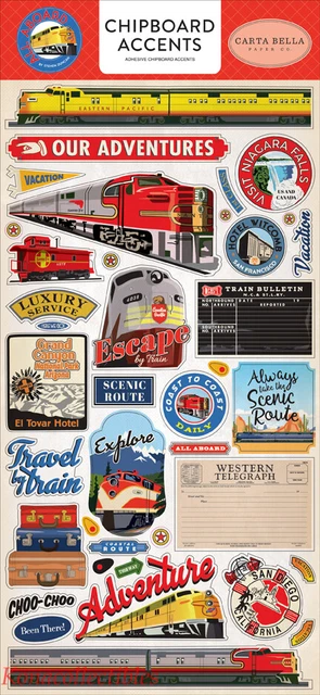 Chipboard adhesivo de papel Echo Park Bella a bordo ¡nuevo! Trenes
