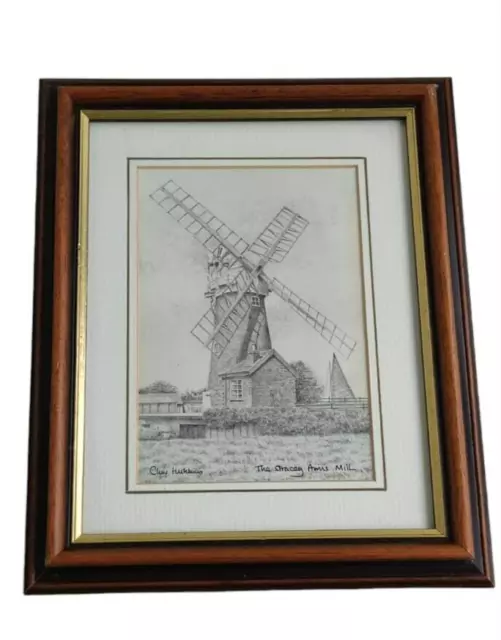 Norfolk - Horsey Mill, Vintage gerahmter Druck einer signierten Chris Hutchins Zeichnung,