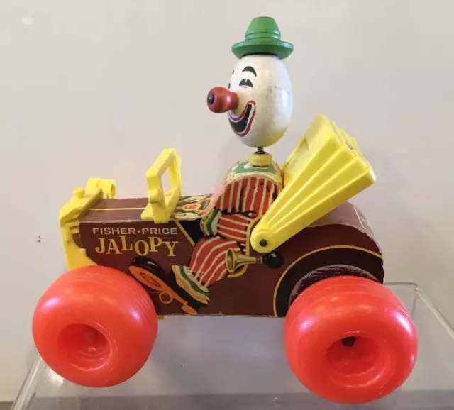 Fisher Price Jolly Jalopy w Circus Clown Vintage 1965 Wooden Pull Toy #724