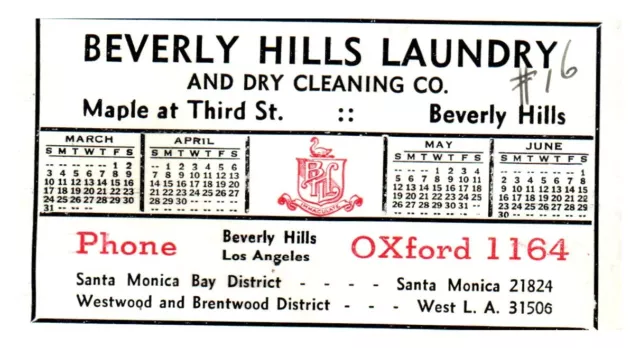 Beverly Hills Laundry And Dry Cleaning Mini Blotter/Calendar Ca - Bb-1