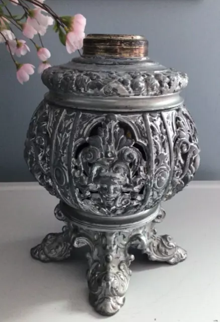 Antique Art Nouveau Reticulated Silver/Pewter Oil Lamp Base & Font, Woman's Face