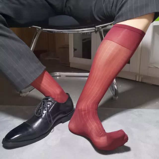 Hommes Rayé Soie Bas Hauteur Genou Pur Chaussettes Extensible Habillé Suit Robe