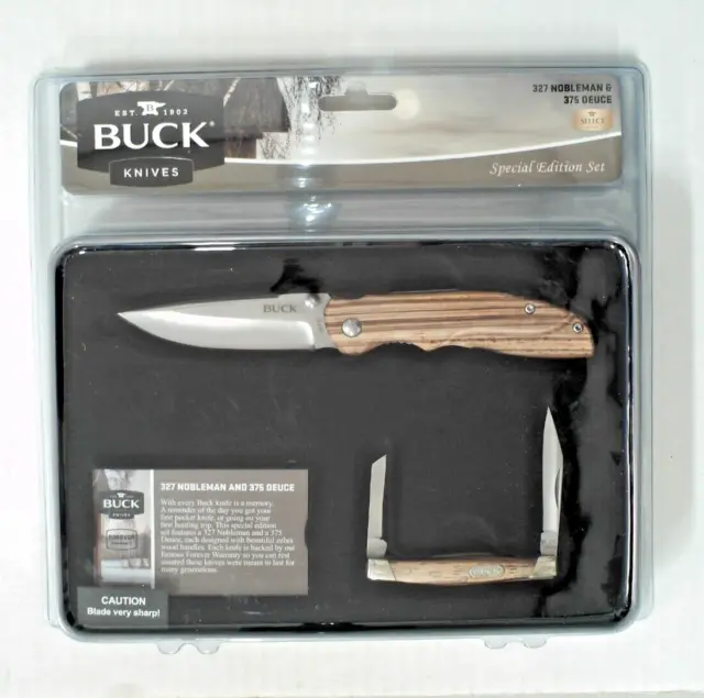 Buck Folding Knife Set 243 & 244 Wood Handle Collectors Tin Gift Set  Hunting