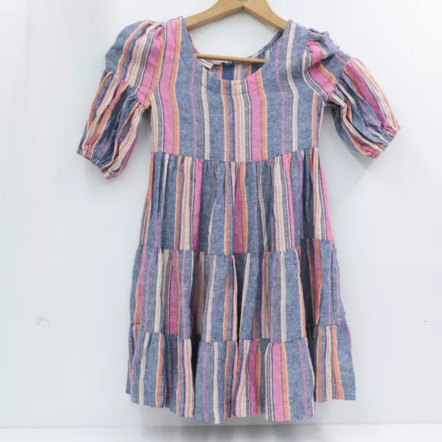 Bonnie Jean Girls Linen Blend Tiered Striped Dress 7 Puff Sleeve Flowy Blue Pink