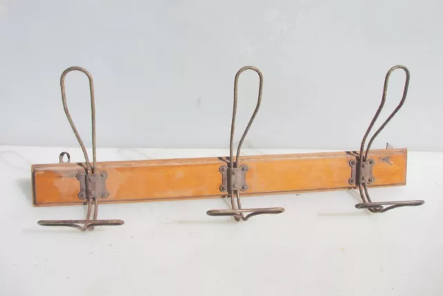 Antique Wooden Coat Rack Iron & Brass Hooks Hat Hangers Old Vintage French 25"W
