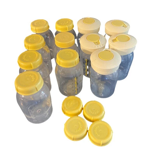 Medela Breast Milk Collection 12 Bottles & Tops & 5 Labeling Lids Date Day Caps