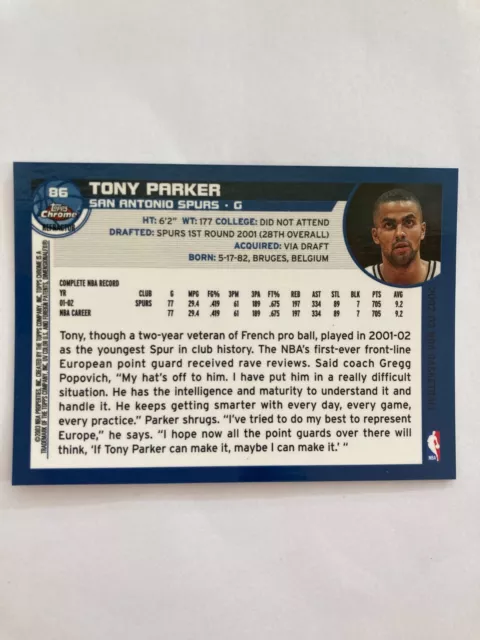 TONY PARKER 2002-03 Topps Chrome Refractor Card 86 $5.00 - PicClick