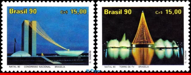 2292-93 Brazil 1990 Christmas, Architecture Of Brasilia, Lights, Mi# 2390-91 Mnh