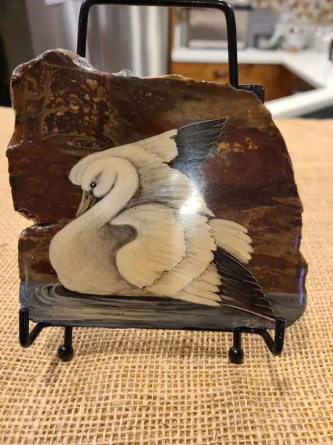 Swan Art On Petrified Wood W/ Metal Stand Signed Handpainted Polished High Gloss