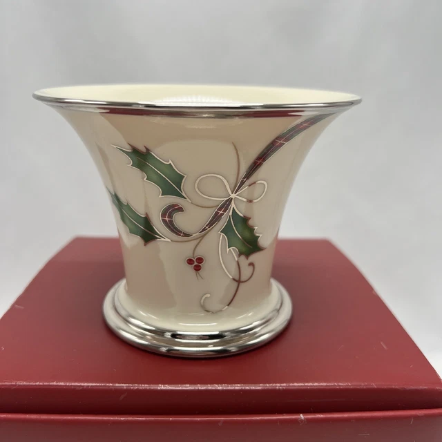 Lenox China Christmas Holiday Nouveau Platinum Votive Candle Plaid Original Box