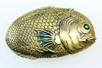 KOI Fish Match Safe Vesta Case Brass Enamel Green Blue Vintage