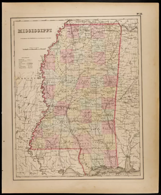 Carte ancienne [1857,Colton] : État américain du Mississippi. Antique Map USA