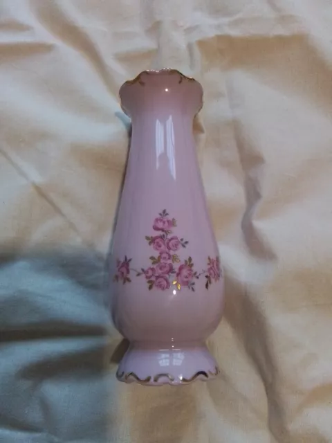 Small Pink Porcelain Vase With Hand Painted Roses And 14 Karat Gold Trim