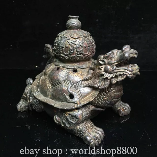 5.6" Old Chinese Pure Copper Gilt Feng Shui Dragon turtle Smoked furnace Statue