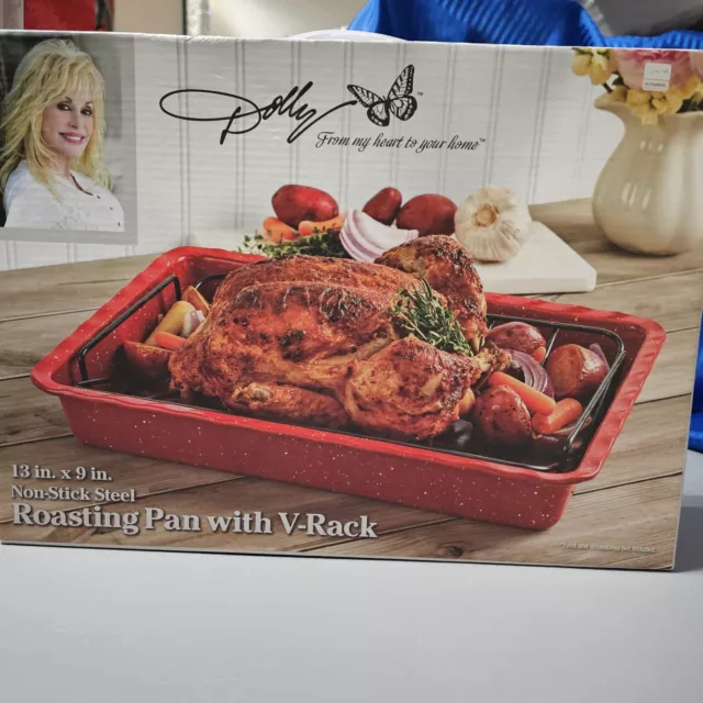 Dolly Parton~Roasting Pan With V-Rack ~Non-Stick Steel~Red ~ Brand New