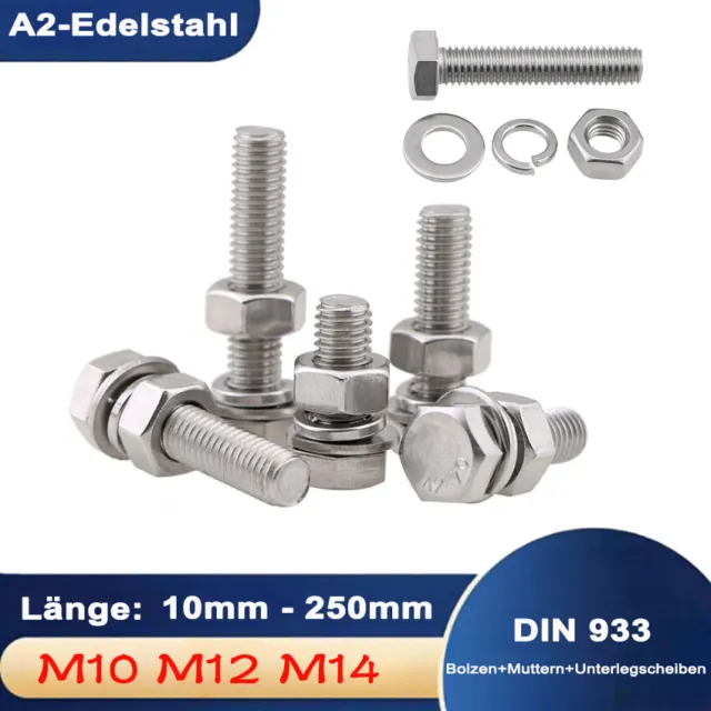 A2 Edelstahl Sechskantschrauben mit Mutter / Unterlegscheibe M10 - M14 Schrauben
