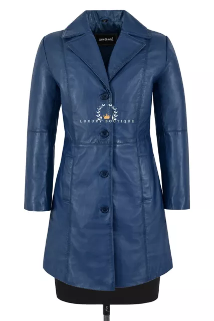 Ladies Blue Lambskin Elegant Trench Real Leather Coat Knee-Length Designer Coat