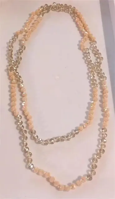 62" Strand Faceted Glass Beads Necklace Pale Peach & Champagne Aurora Borealis