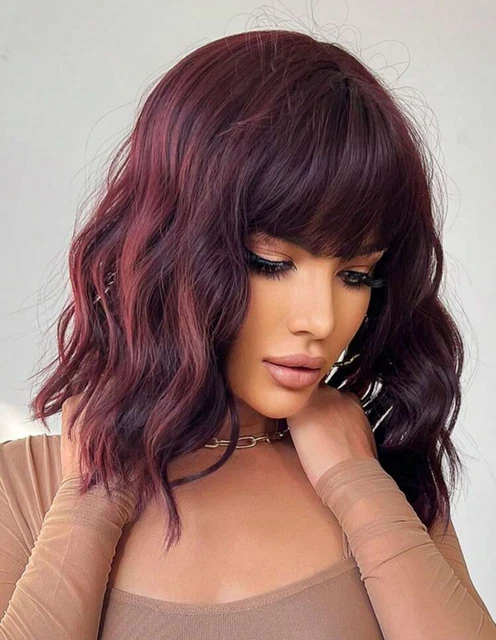 Perruque Courte Bouclée Synthétique Rouge Foncé - Avec Frange Et Bonnet Intégré Taille M, Neuve Sans étiquettes