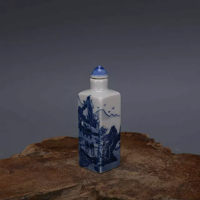 Chinese Blue and White Porcelain Qing Mountain Design Square Snuff Bottle 3.03"