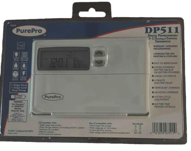 PurePro Digital Programmable Thermostat DP511 HVAC New Sealed Heat Pump NOS