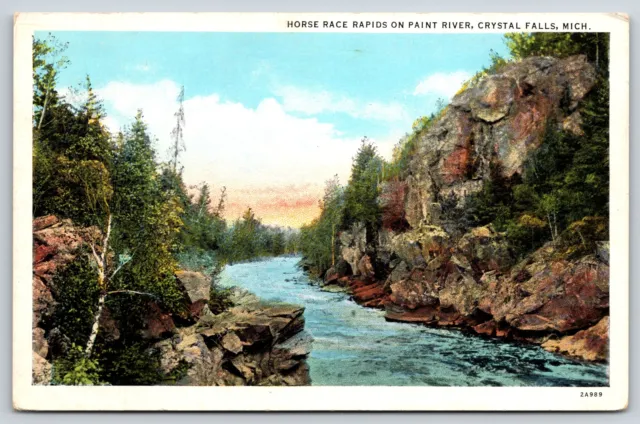 Crystal Falls Michigan~Horse Race Rapids on Paint River~1920s Postcard