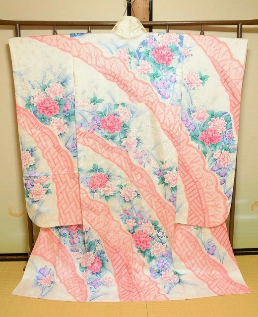 Furisode Silk Kimono Women Japanese vintage Wedding Robe Shibori 169cm Long /743