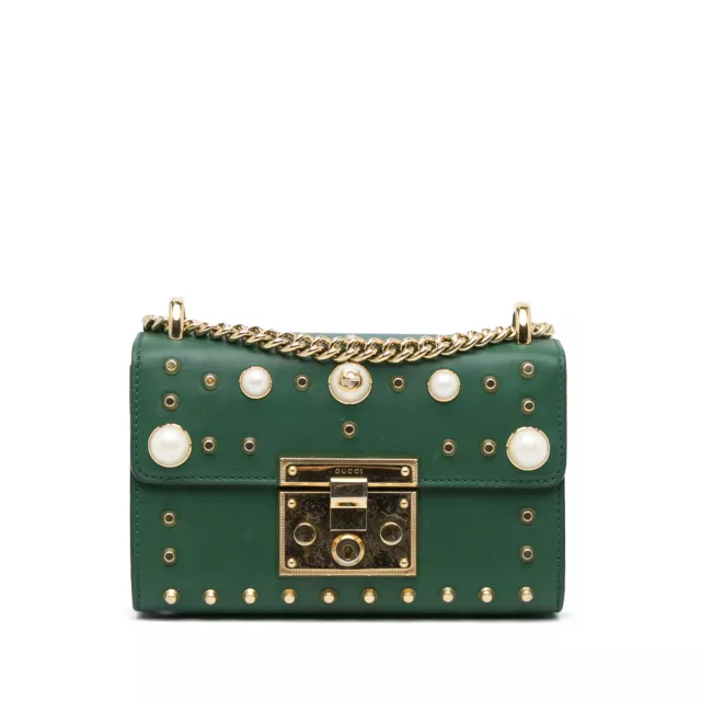 Authenticated Gucci Pearl Studded Padlock Green Calf Leather Crossbody Bag
