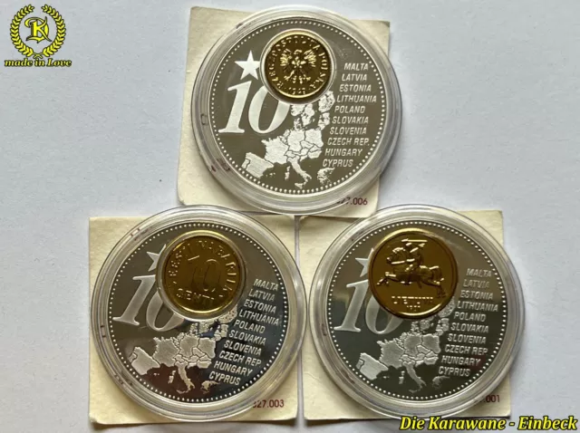 3 x Medaille Europäische Währung mit Münzen Polen + Lithuania + Estonia + Zertif