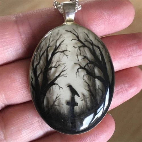 51x32x7mm Black White Enamel Glass Crow Cross Necklace 17.5" EH947
