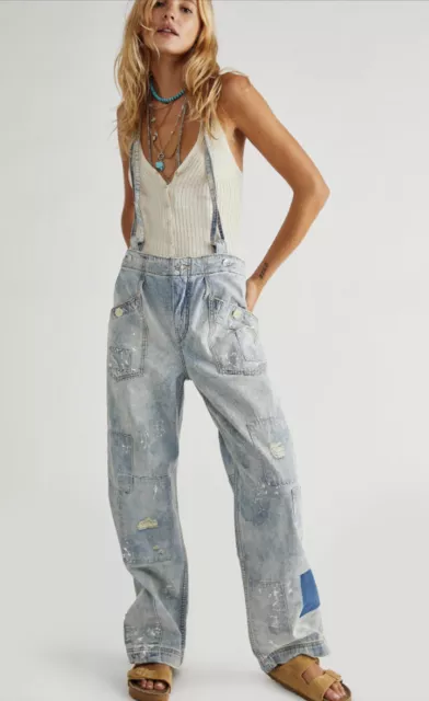 Free People Always & Forever Overalls Cross Straps Patchwork Splatter XS NEW