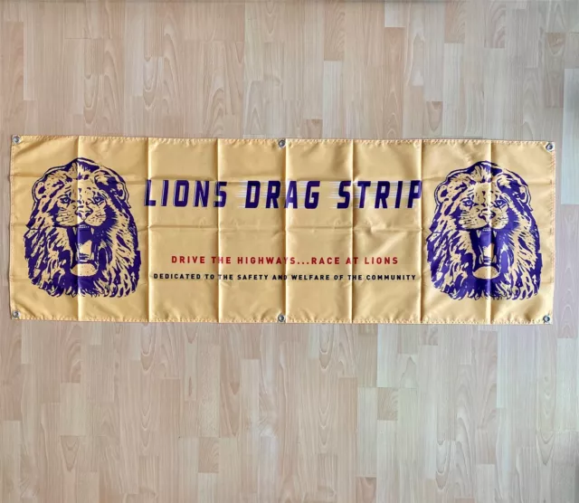 Lions Drag Strip Flag Hot Rod Racing Vintage Style Banner 2x6ft Poster NHRA Sign