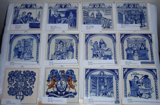 CHOICE OF 12 Blue Delft Holland Burroughs Wellcome Pharmacy 6" Ceramic Pill Tile