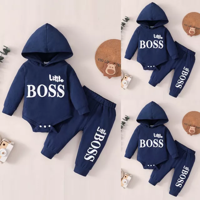 2PCS Set Newborn Baby Boys Hooded Romper Tops Pants Outfits Tracksuits Clothes