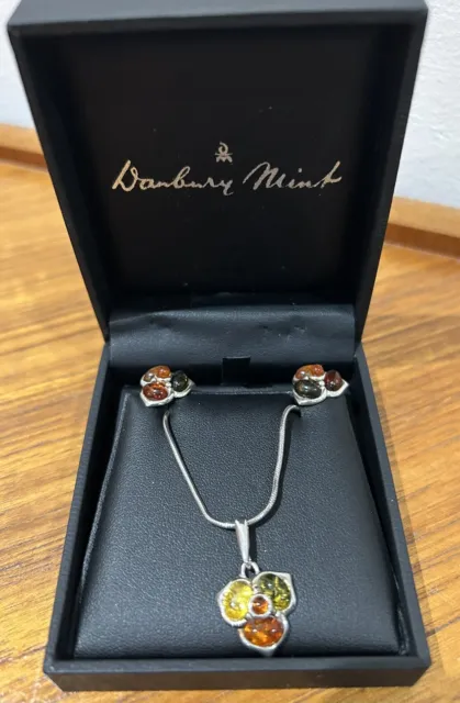 The Danbury Mint 925 Sterling Silver Amber Necklace and Matching Earring Set