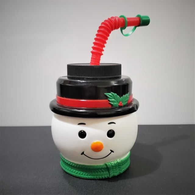 [New] Kid's Christmas Snowman Plastic Sippy Drinking Cup w/ Straw 4 1/4" x 3.5"