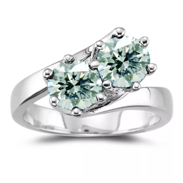 2 Stone 2.12 Ct Vvs1/:Blue White Round Moissanite Diamond Engagement Silver Ring