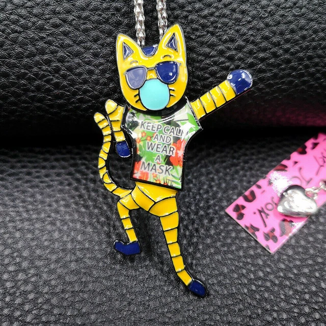 Betsey Johnson Enamel Cute Mask Yellow Cat  Pendant Necklace Chain/Brooch Pin