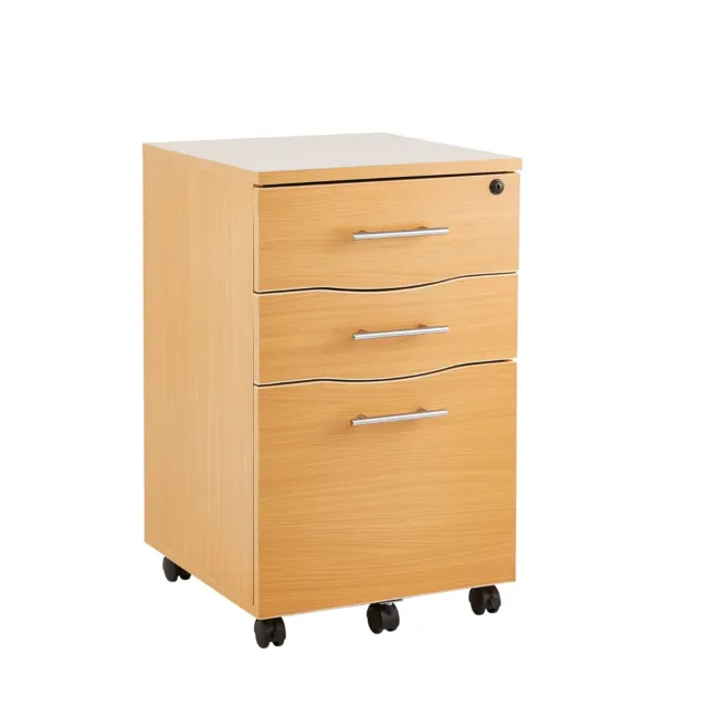 Office Filing Cabinet Pedestal Under Desk Storage Unit 3 Drawers Castors Beech