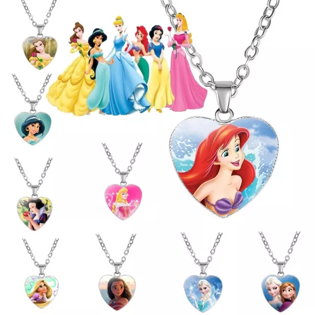 Girls Silver Disney Glass Round Princess Necklace Pendant Party birthday gift UK