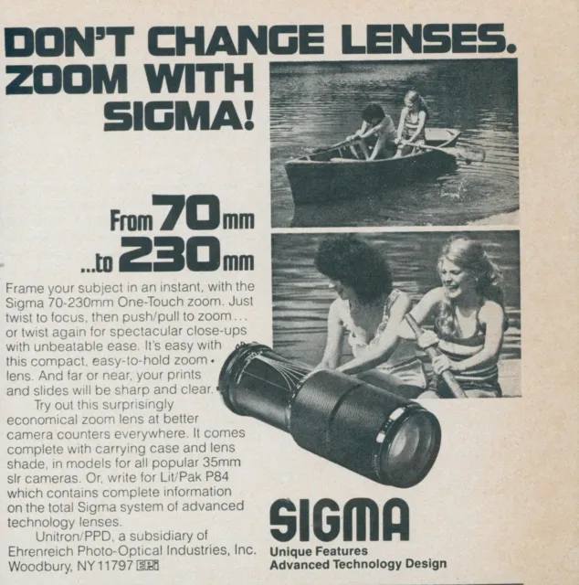 1978 Sigma Camera Lenses Rowboat Oar 70 mm to 230 mm Water Vintage Print Ad SI1