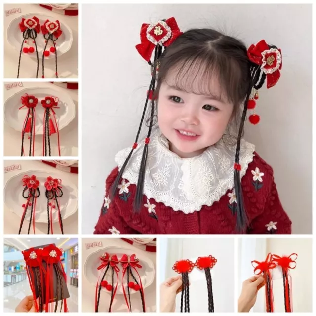 2pcs Happy New Year Children Red Hairclip Tassel Bow Hairpin  Girl