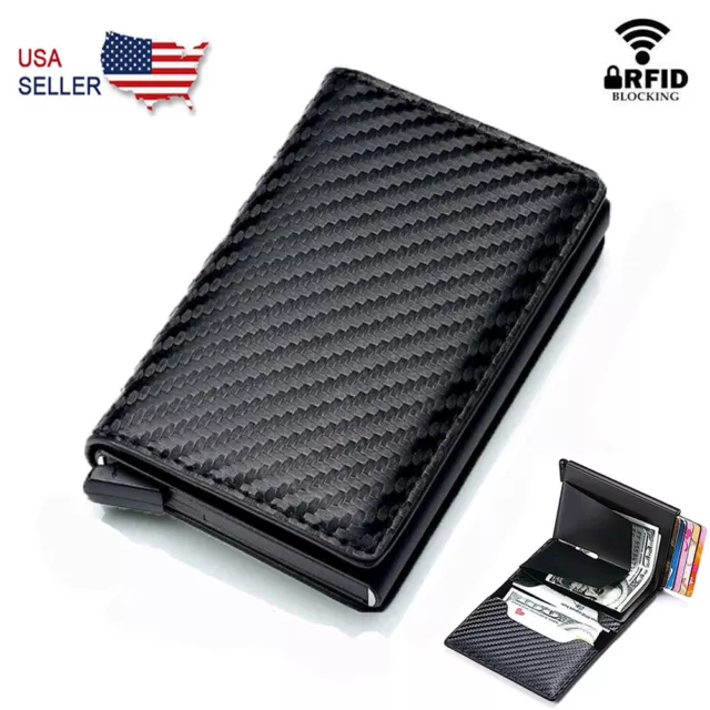 RFID Blocking Leather Mens Wallet Carbon Fiber Purse Slim ID Credit Card Holder