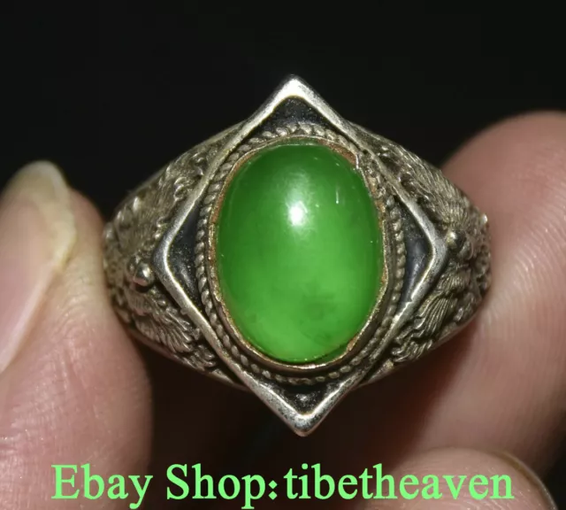 1.4" Old China Miao Silver inlay Green Jade Dynasty eagle Jewelry Hand Ring
