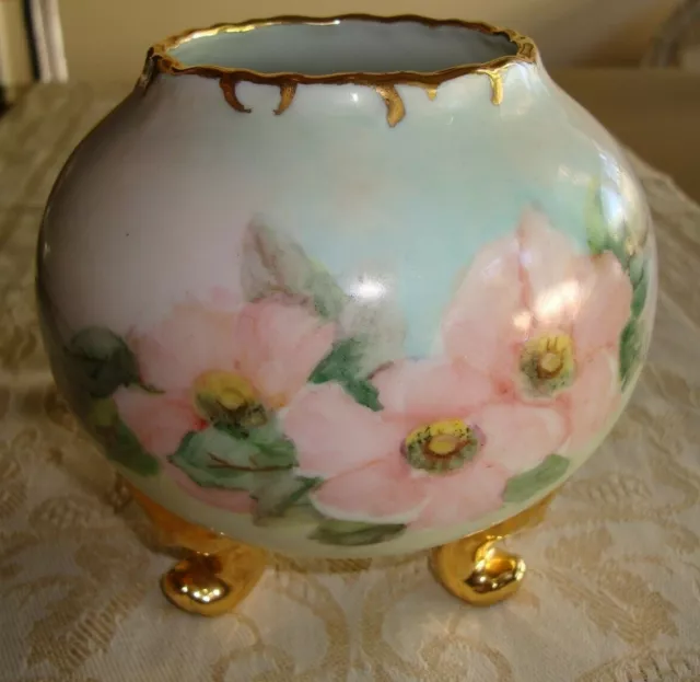 Hand Painted Footed Rose Bowl Vase, Pink Floral, Wild Roses & Gold,  Limoges?