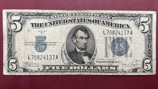 1934 C Five Dollar Silver Certificate $5 Bill Blue Seal Note Circulated #59007